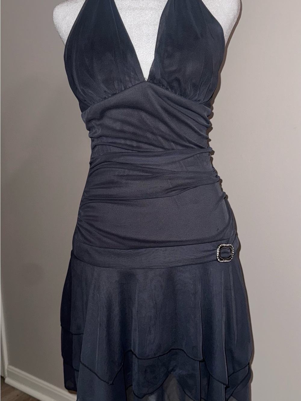Trixxi Charcoal Gray Halter Evening Dress with Rhinestone Buckle